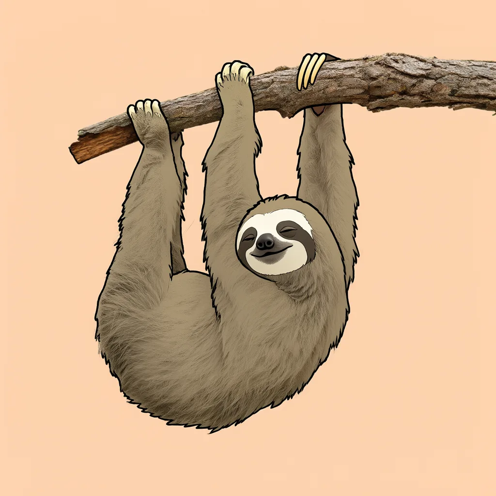 Cartoon sleepy sloth hanging from a branch (AI-generated)