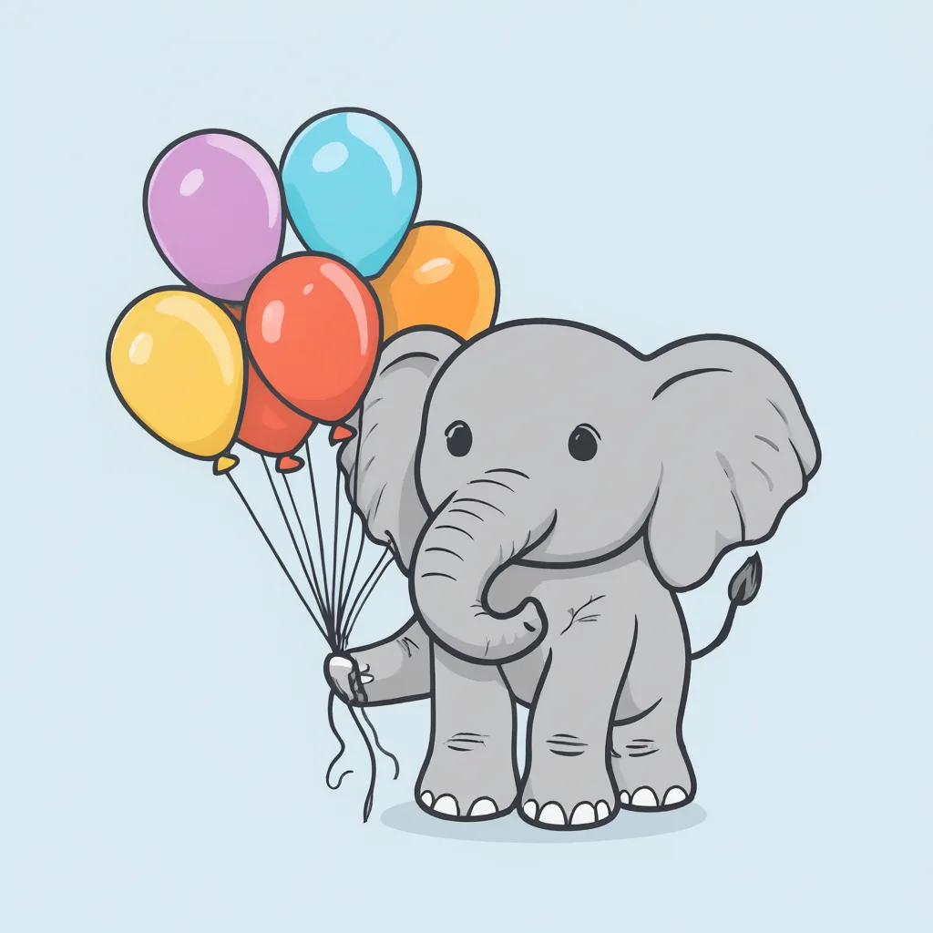 Cartoon baby elephant holding colorful balloons (AI-generated)