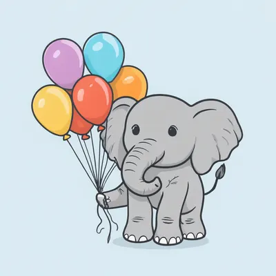Cartoon Elephant with Balloons (AI-generated)