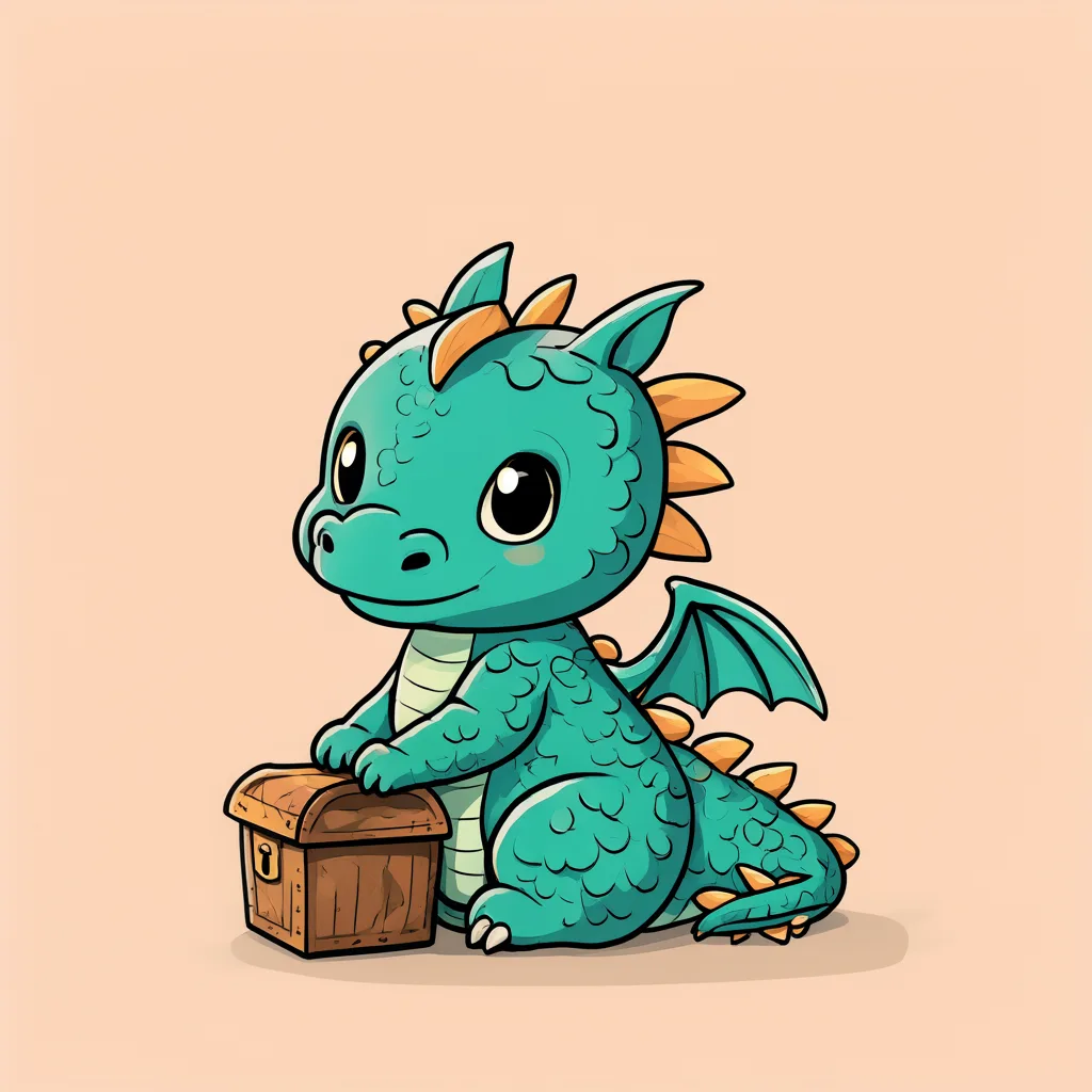 Cartoon baby dragon sitting on a treasure chest (AI-generated)