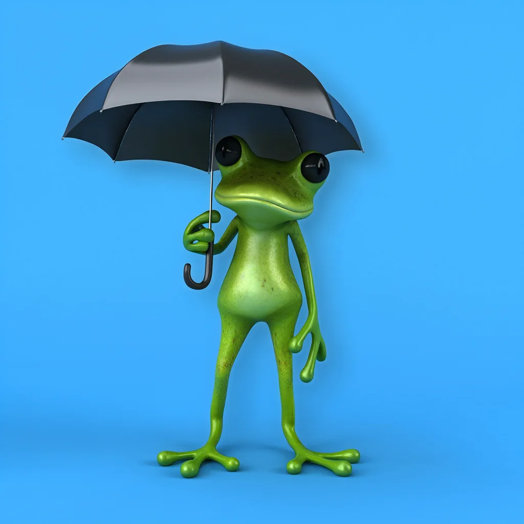 Cartoon frog holding an umbrella in the rain (AI-generated)