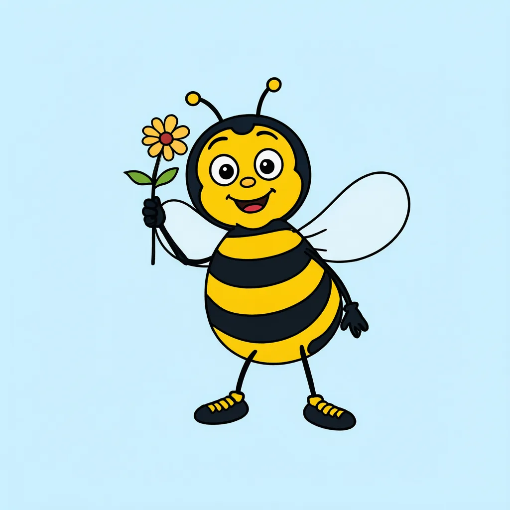 Happy cartoon bee holding a flower (AI-generated)