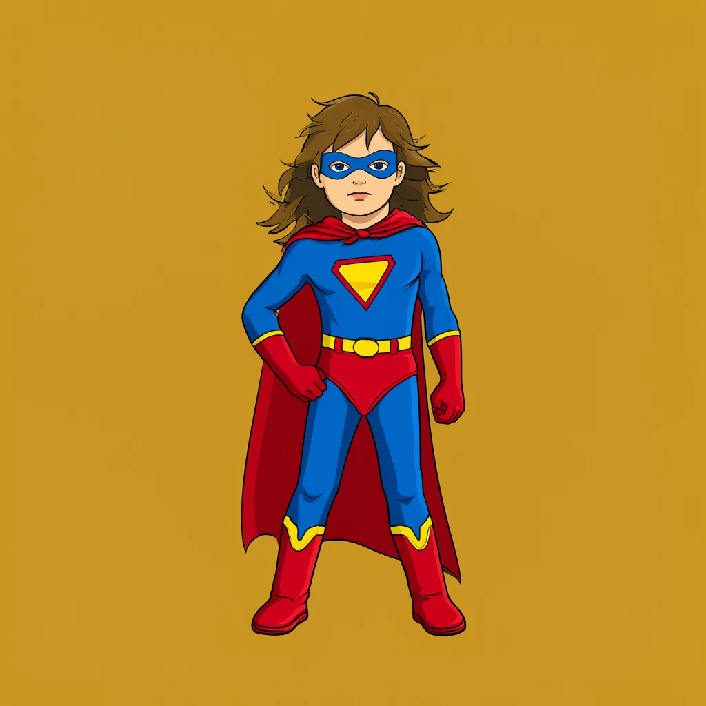 Cartoon kid posing in a superhero cape (AI-generated)