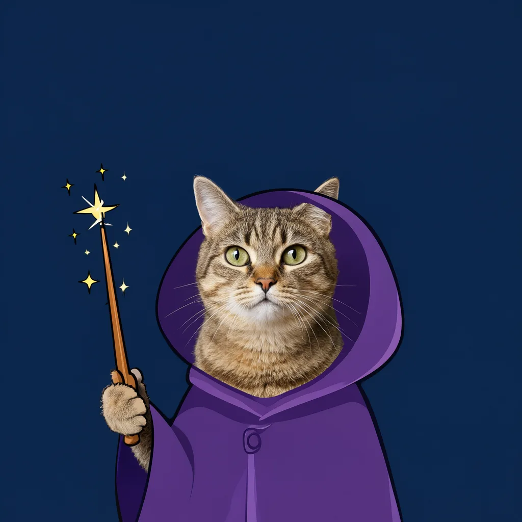 Cartoon cat wizard holding a sparkling wand (AI-generated)