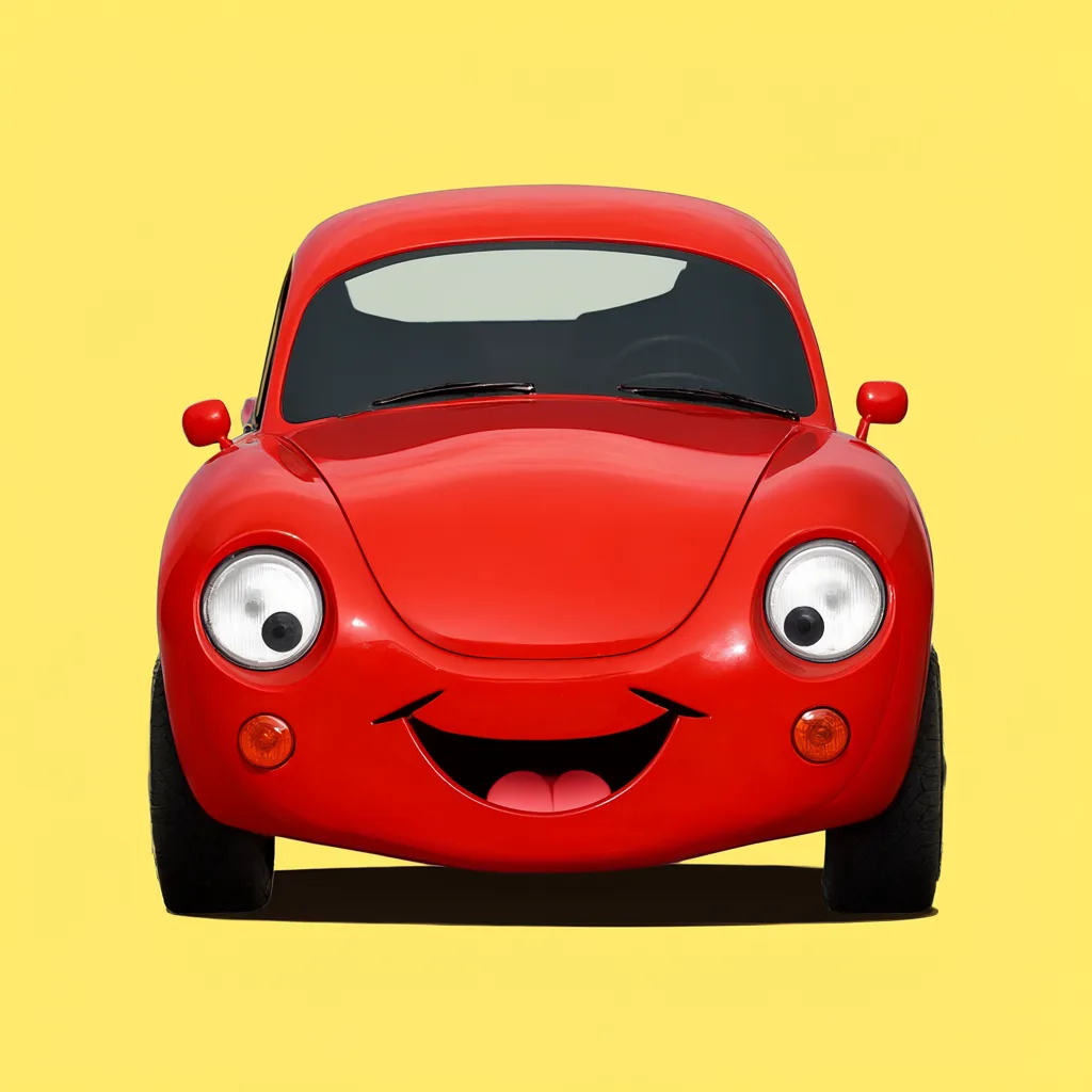 Cartoon smiling red car with big headlights (AI-generated)