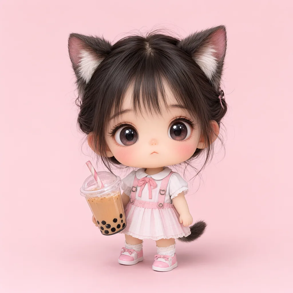 Chibi girl with cat ears holding boba tea (AI-generated)