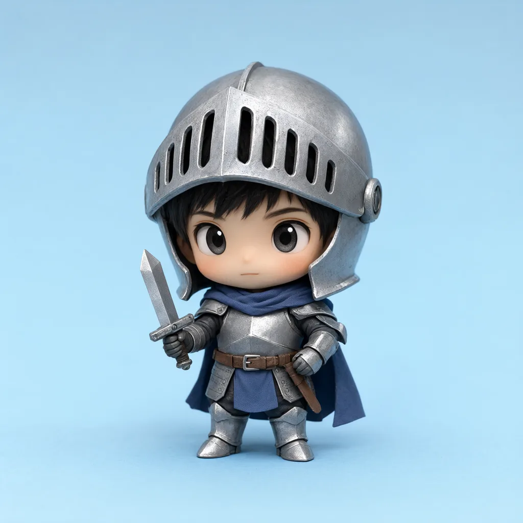 Chibi knight with tiny sword and big helmet (AI-generated)