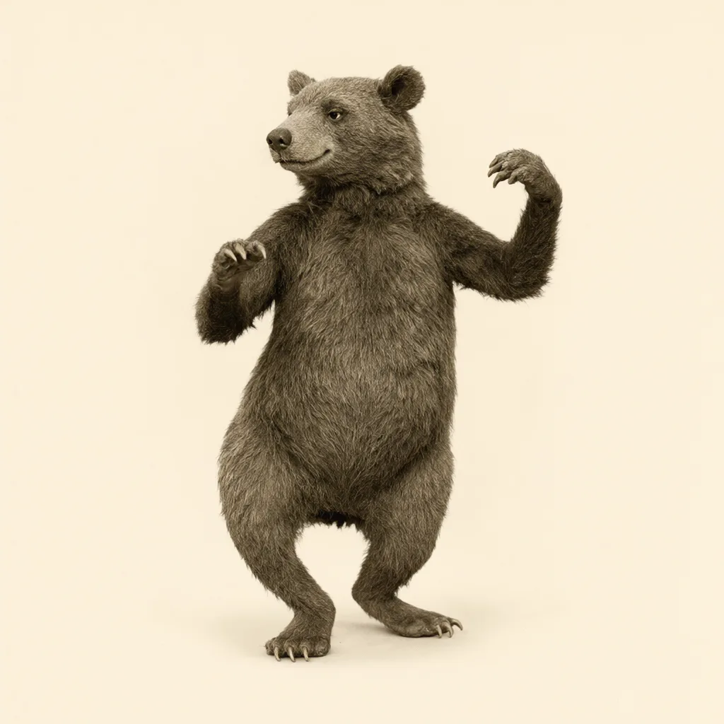Retro rubber-hose dancing bear in sepia (AI-generated)