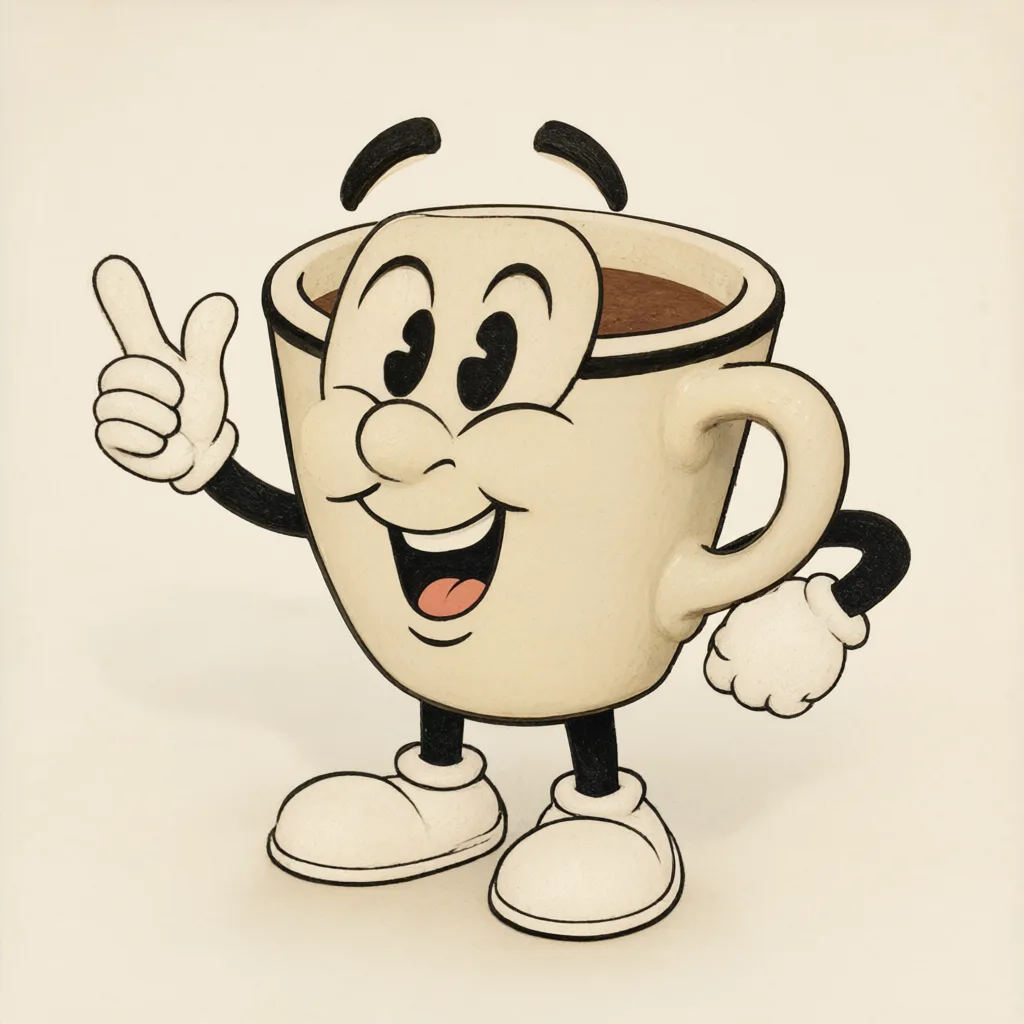 Vintage rubber-hose coffee cup mascot (AI-generated)