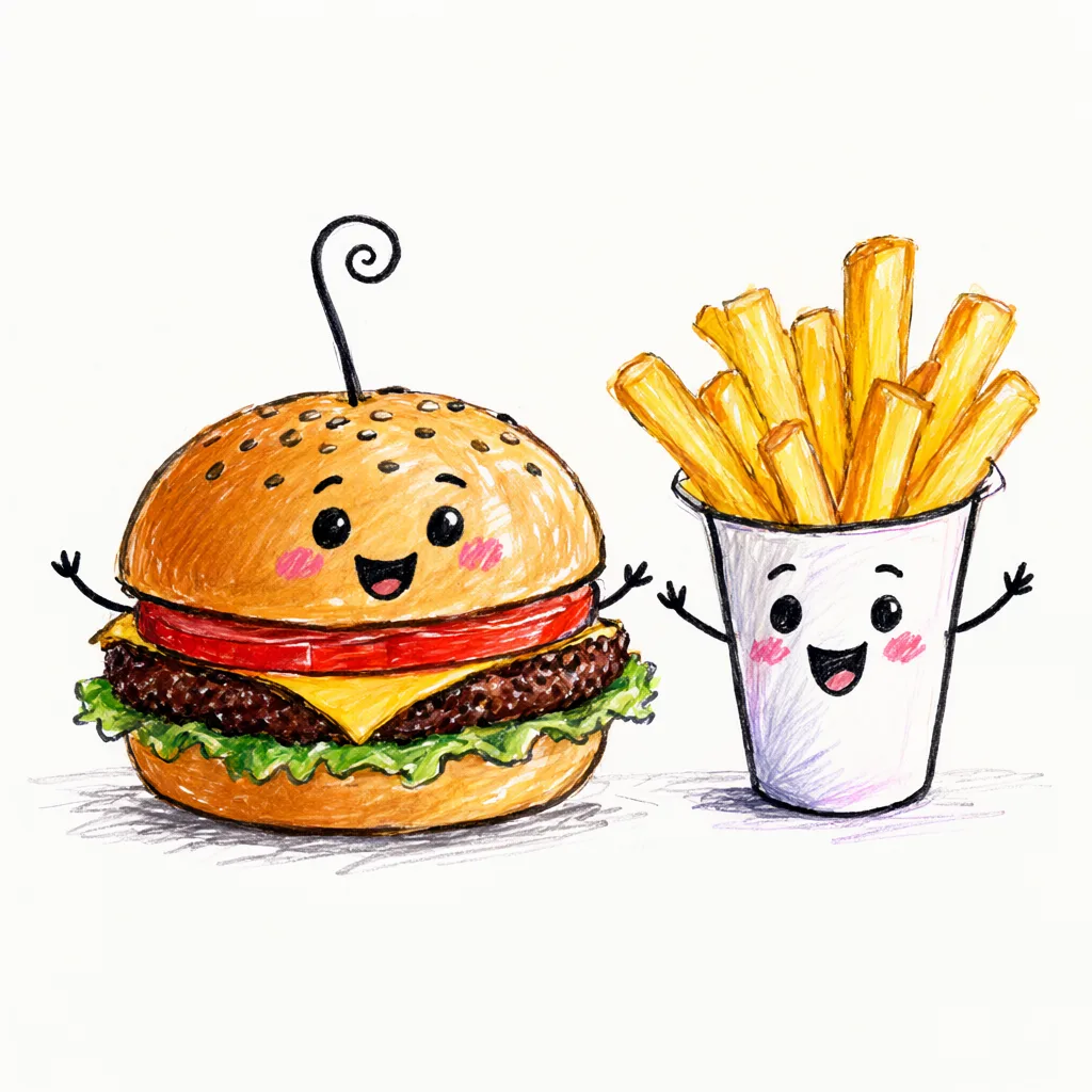 Doodle of burger, fries and soda with faces (AI-generated)