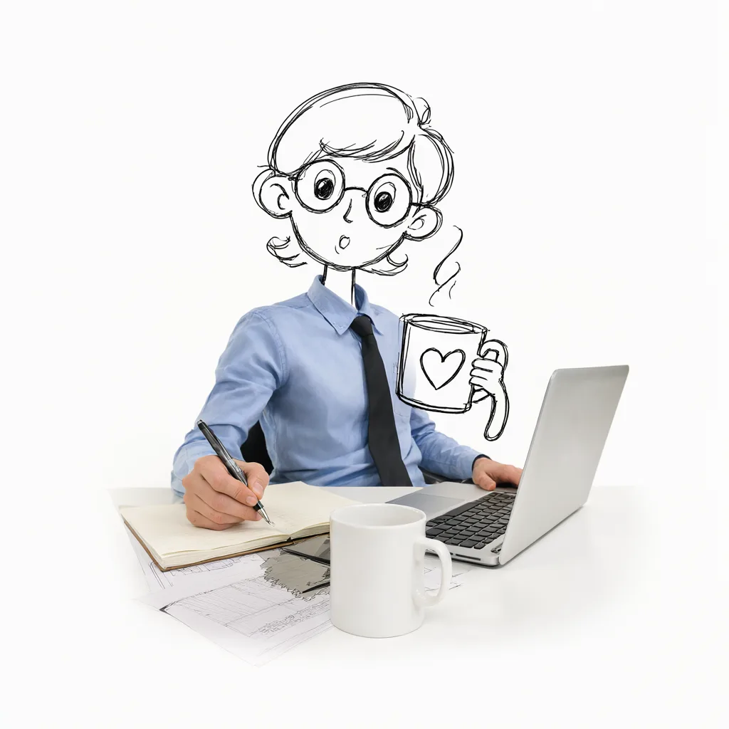 Doodle of an office worker at a desk (AI-generated)