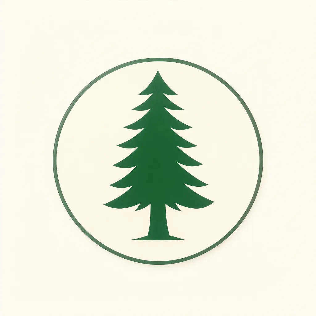 Flat badge logo mark of a thin ring with a minimal pine tree inside (AI-generated)
