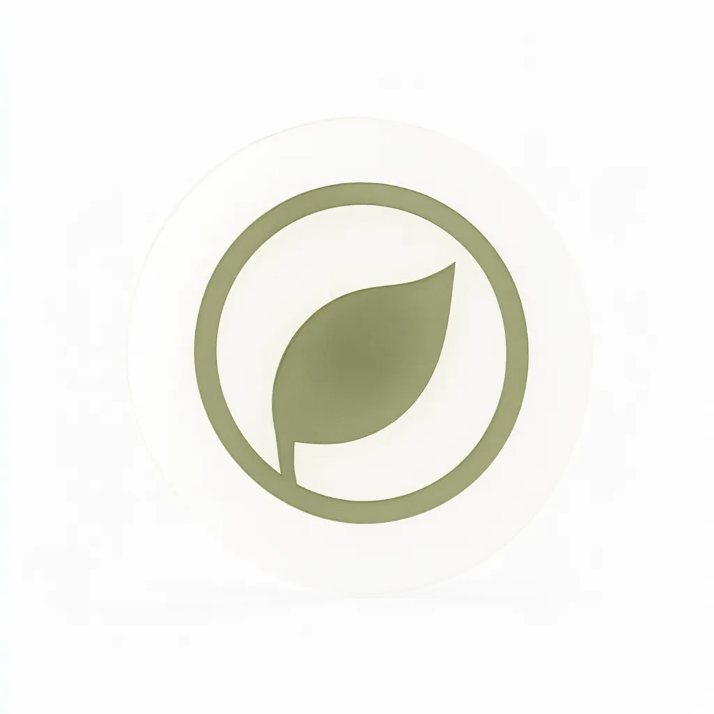 Flat badge logo mark of a thick ring with one leaf attached (AI-generated)