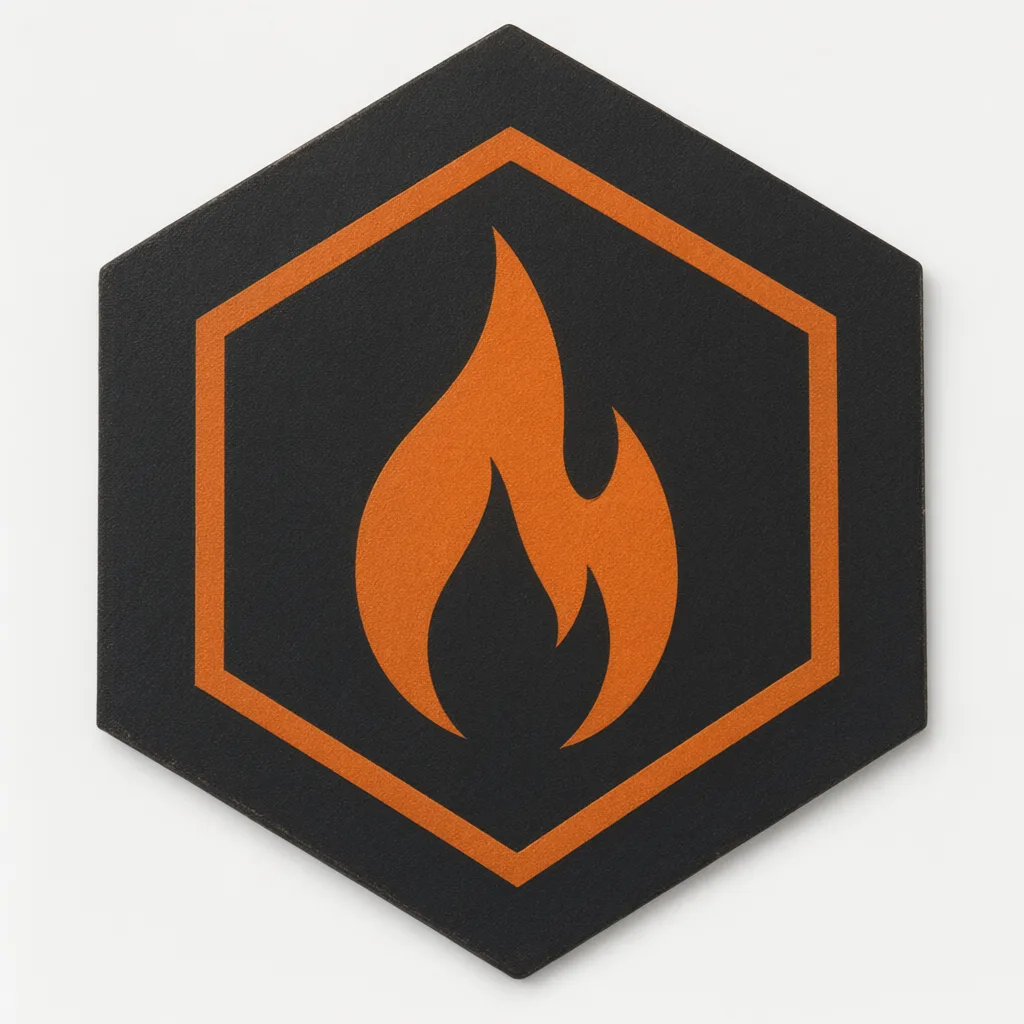 Flat badge logo mark of a hexagon containing a minimal flame (AI-generated)