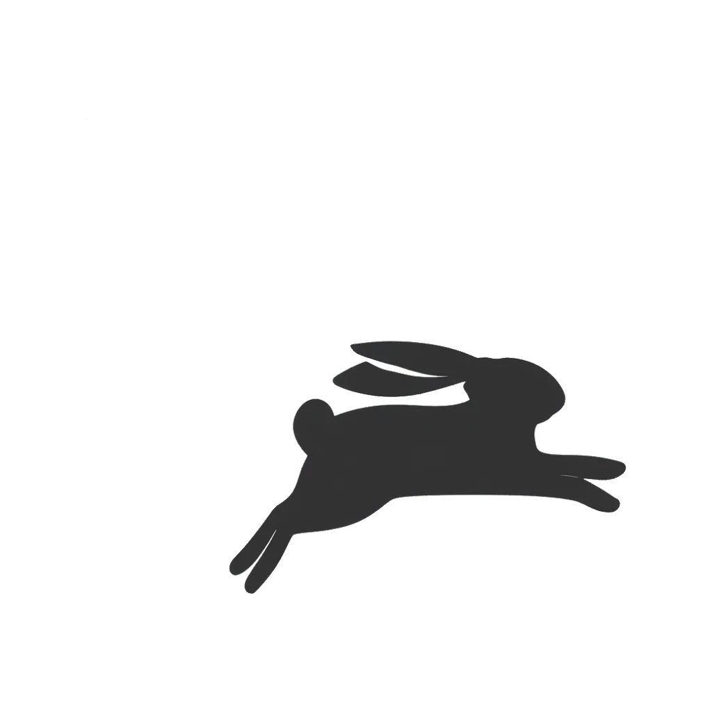Minimal brand logo of a single-colour silhouette of a leaping rabbit