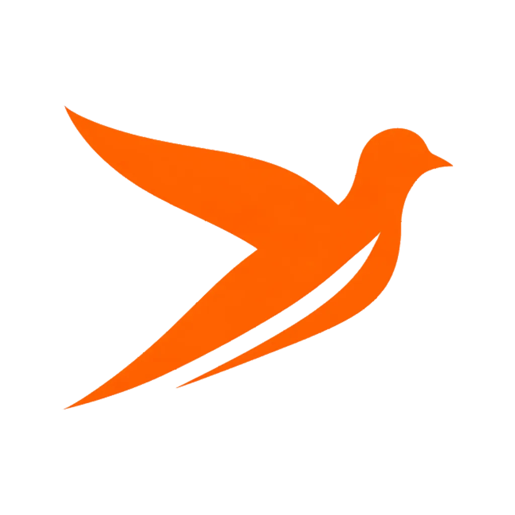 Minimal brand logo of two swept orange curves reading as a bird in flight (AI-generated)