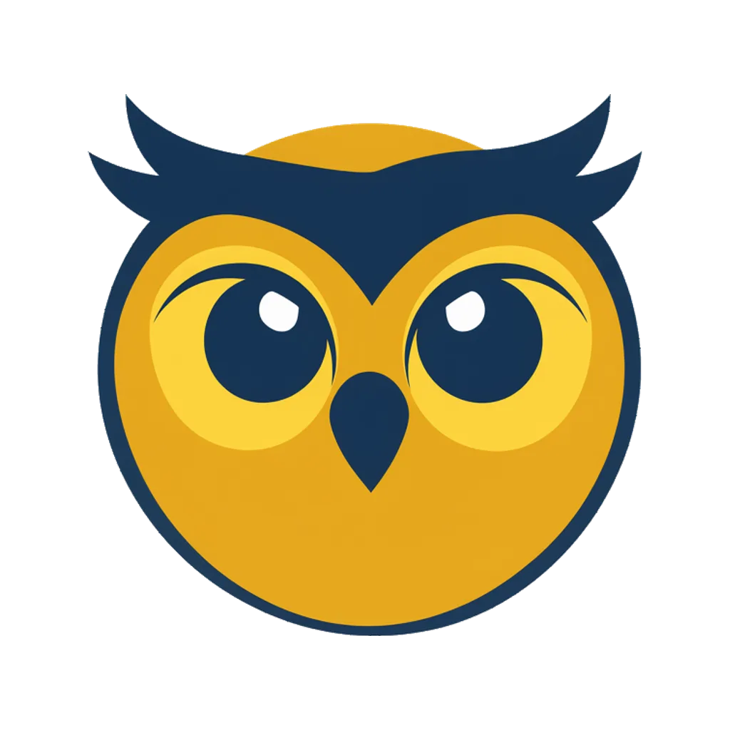 Minimal brand logo of a round owl head in mustard and navy (AI-generated)