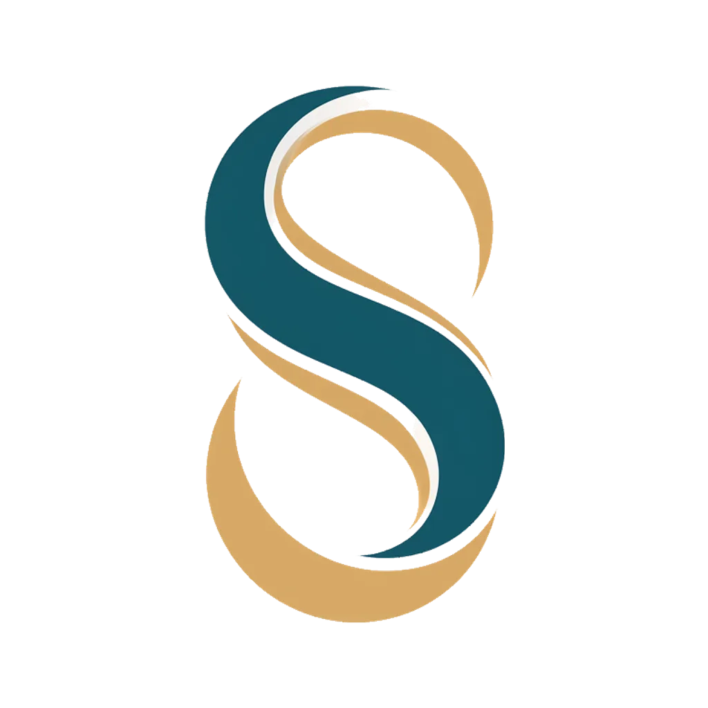 Minimal brand logo of two interlocking teal and gold ribbons suggesting a flowing S (AI-generated)