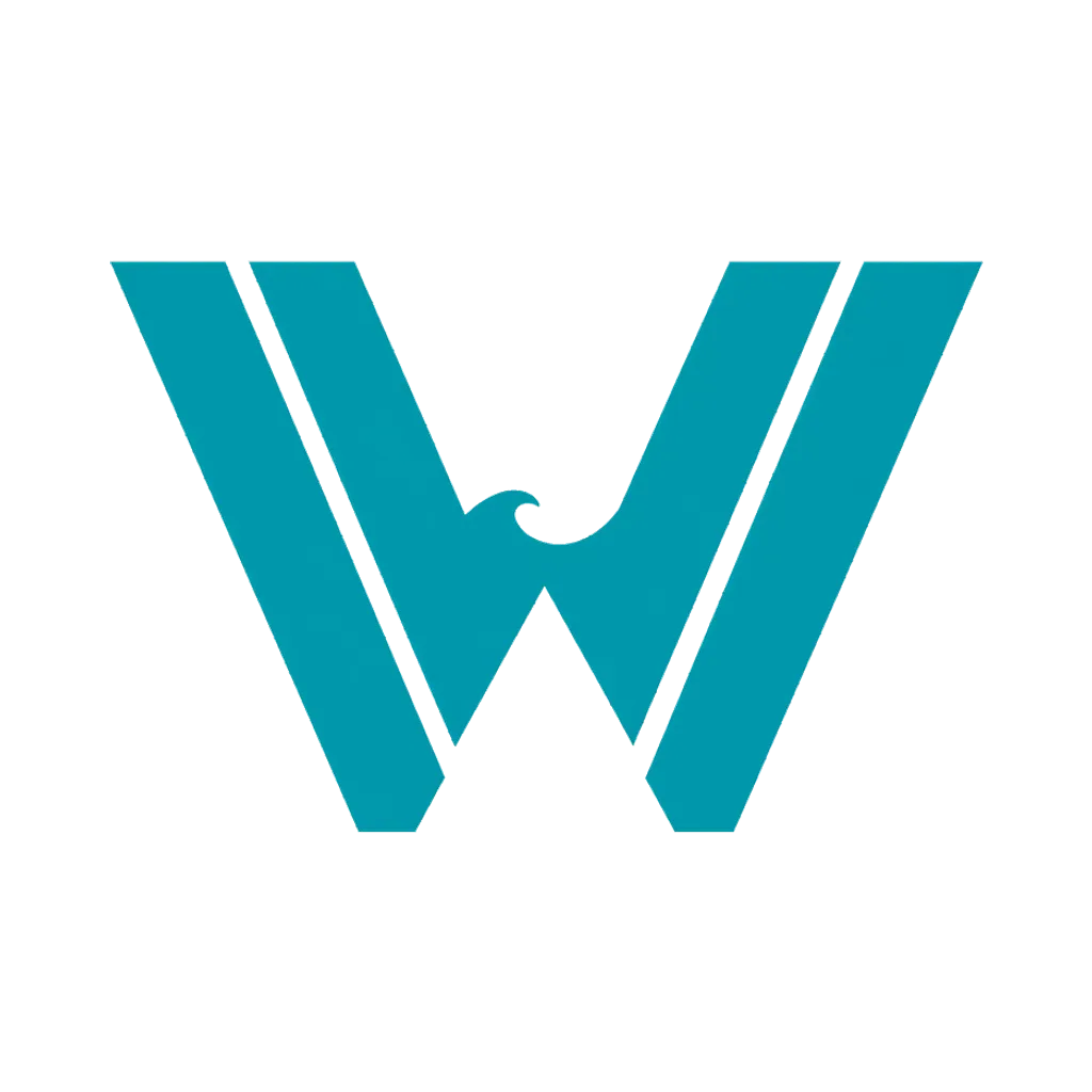 Minimal brand logo: a geometric W of four teal diagonals with a wave cut