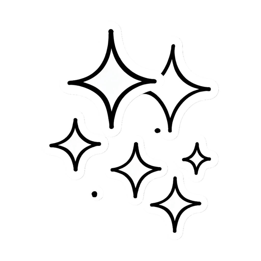 Graphic element: a group of sparkle doodles with thick outlines and a white sticker border (AI-generated)