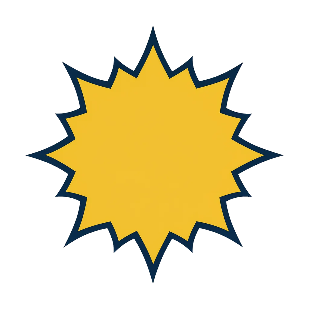 Graphic element: a mustard starburst badge with a navy outline and an empty centre (AI-generated)