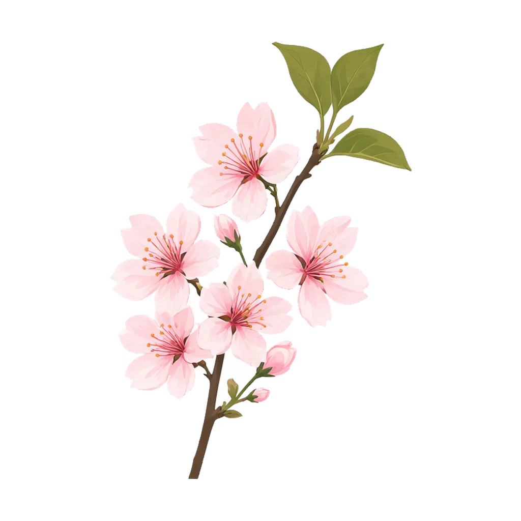 Graphic element: a cherry blossom branch with five pink flowers and green leaves (AI-generated)