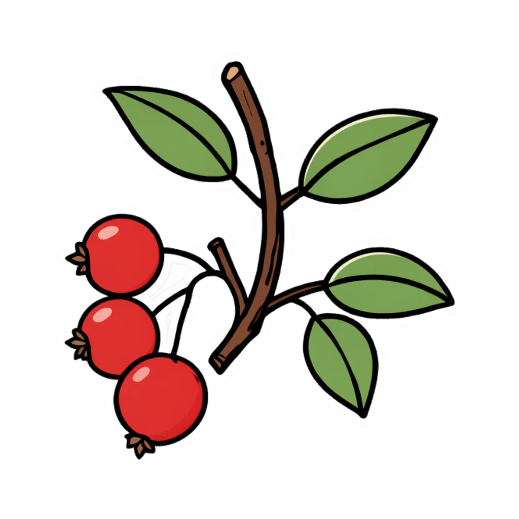 Cartoon graphic element of a branch with three red berries and two leaves (AI-generated)