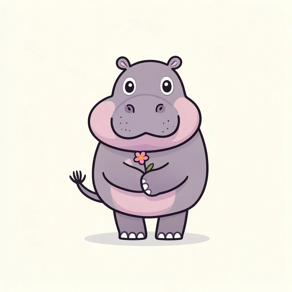 Cartoon illustration of a grey hippo holding a small flower on a light cream background (AI-generated)
