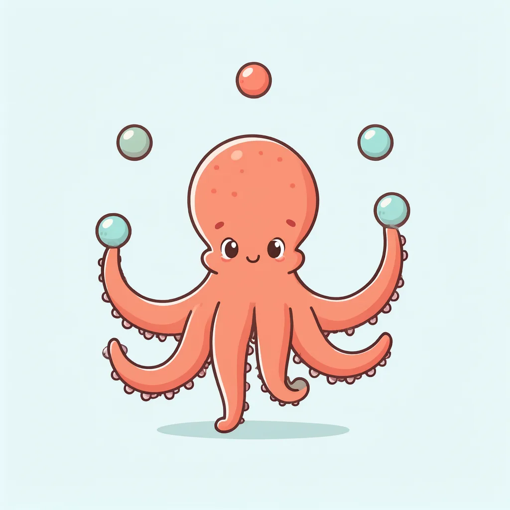 Cartoon illustration of a coral octopus juggling three balls on a pale blue background (AI-generated)