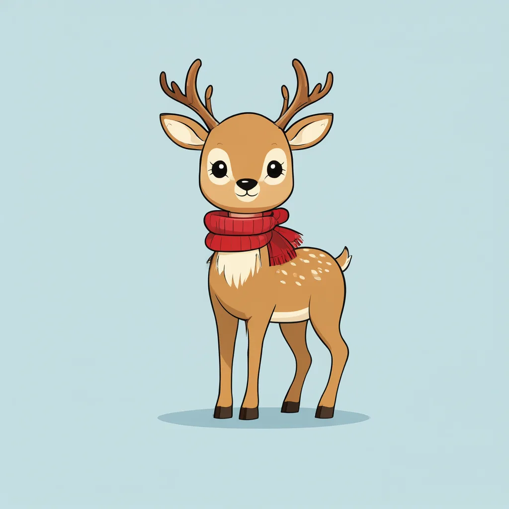Cartoon illustration of a young deer wearing a red scarf on a soft blue background (AI-generated)