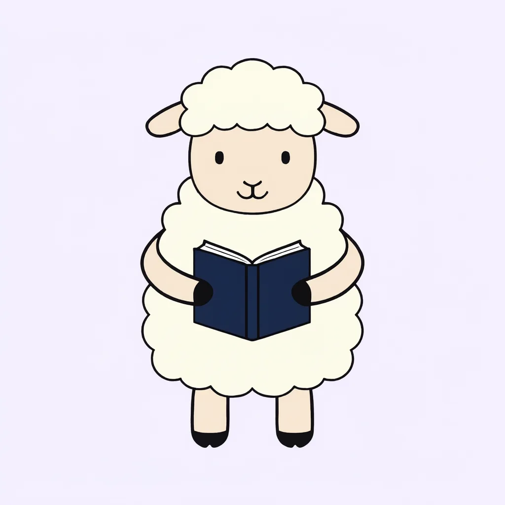Cartoon illustration of a cream sheep reading a navy book on a pale lavender background (AI-generated)