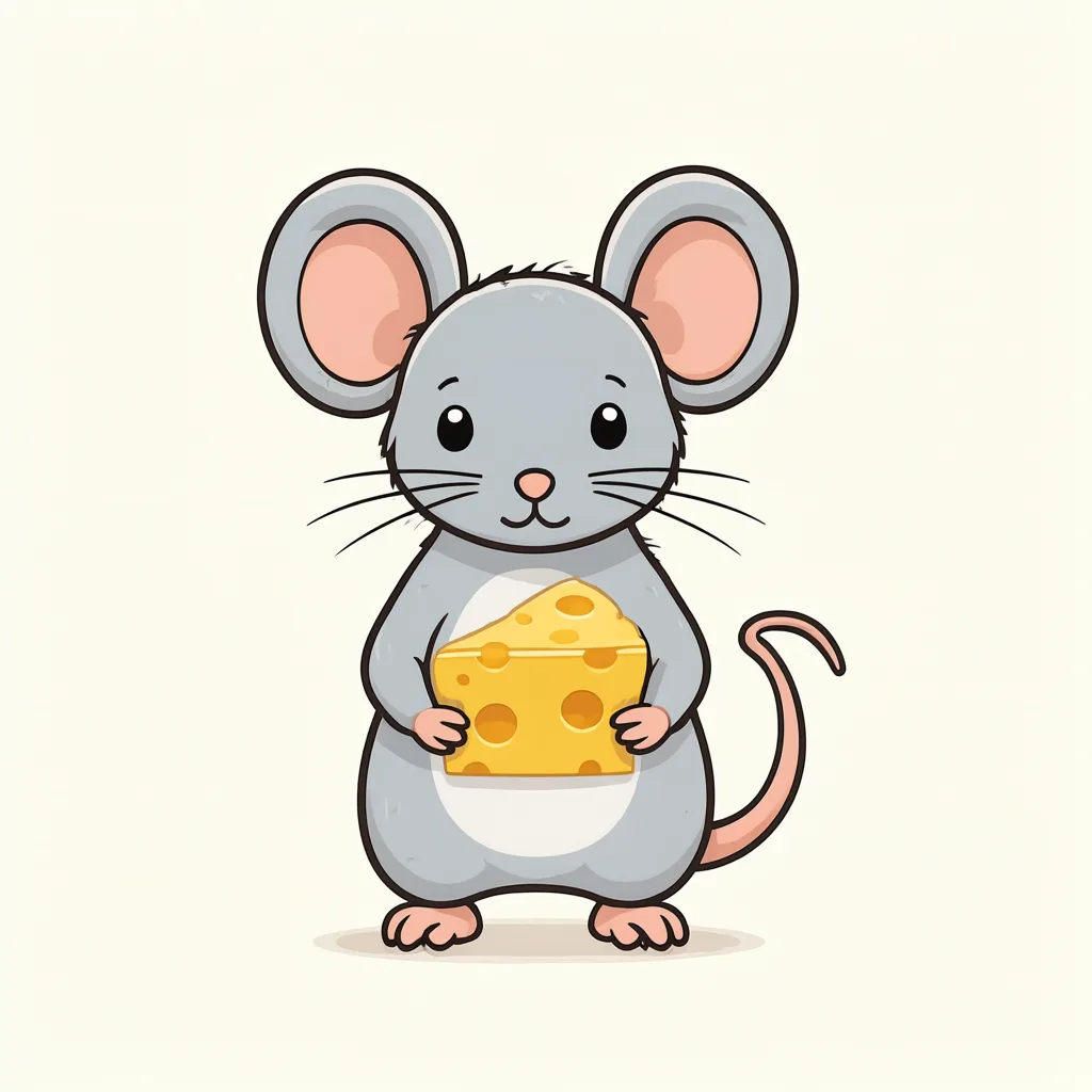 Cartoon illustration of a grey mouse holding a piece of cheese on a light cream background (AI-generated)