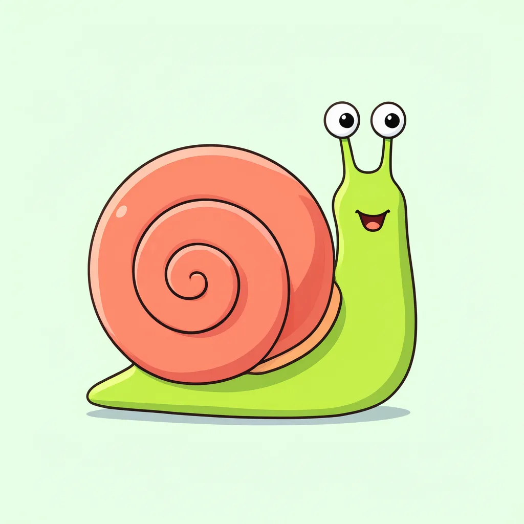 Cartoon illustration of a lime snail with a coral spiral shell on a soft mint background (AI-generated)