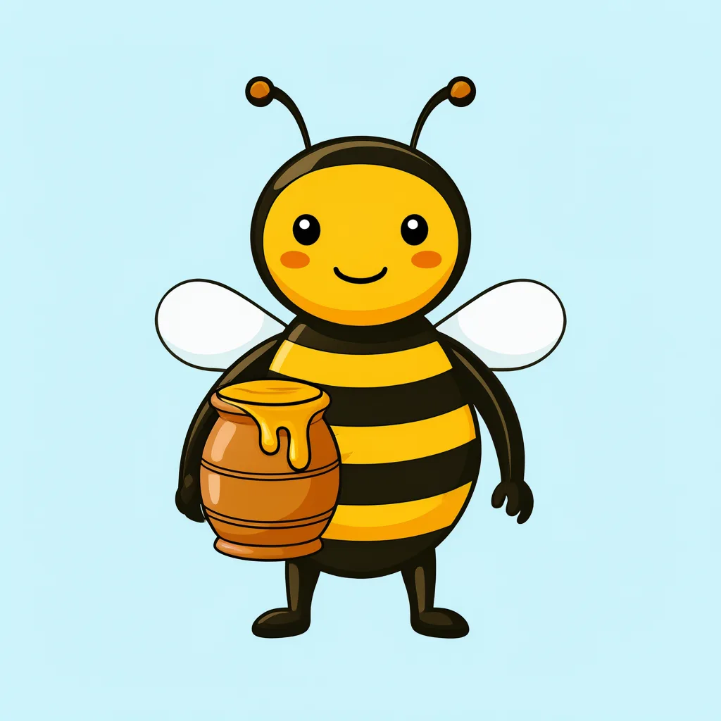 Cartoon illustration of a yellow bee carrying a honey pot on a light blue background (AI-generated)
