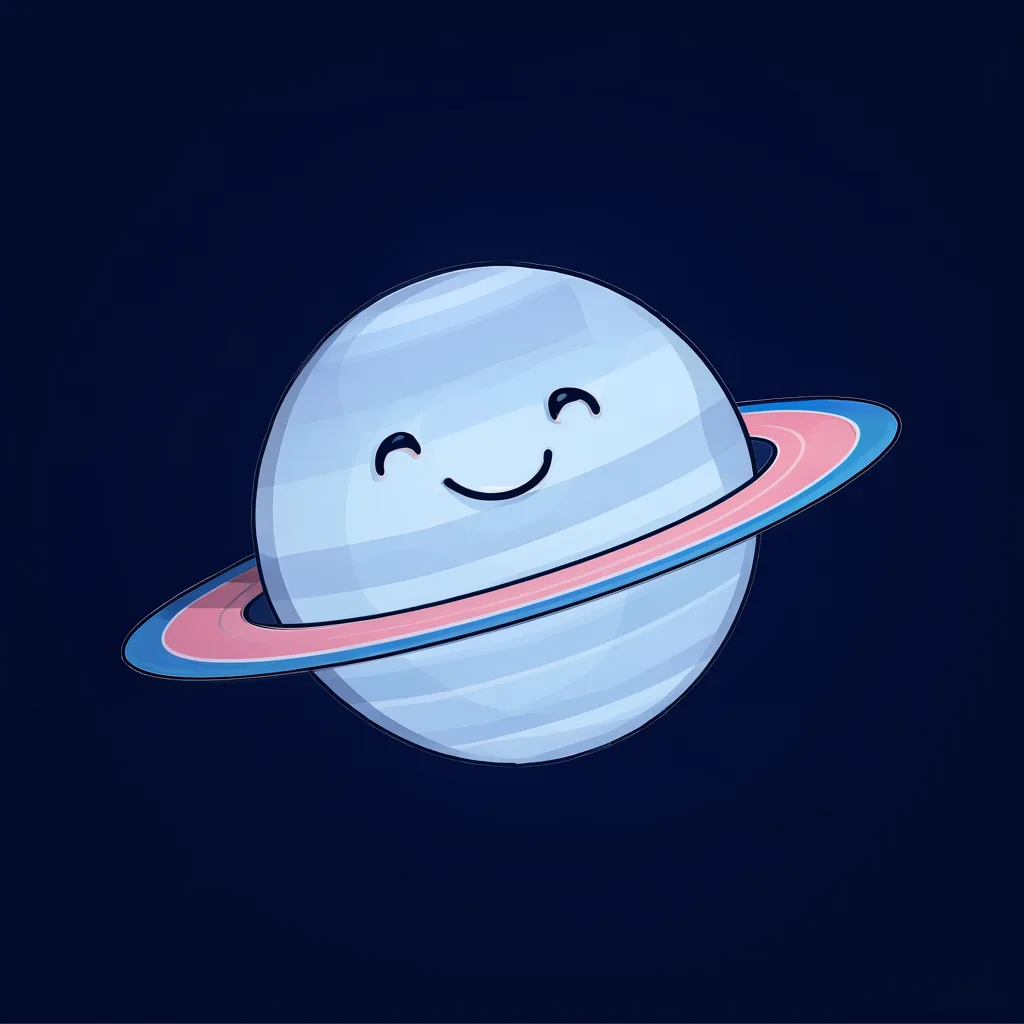 Cartoon illustration of a ringed blue planet with a happy face on a dark navy background (AI-generated)