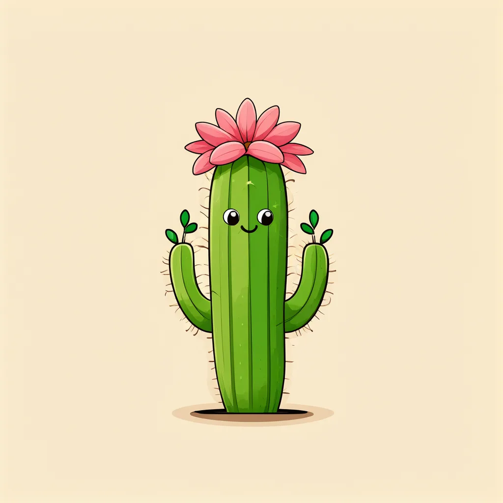 Cartoon illustration of a green cactus character with a pink flower hat on a pale sand background (AI-generated)
