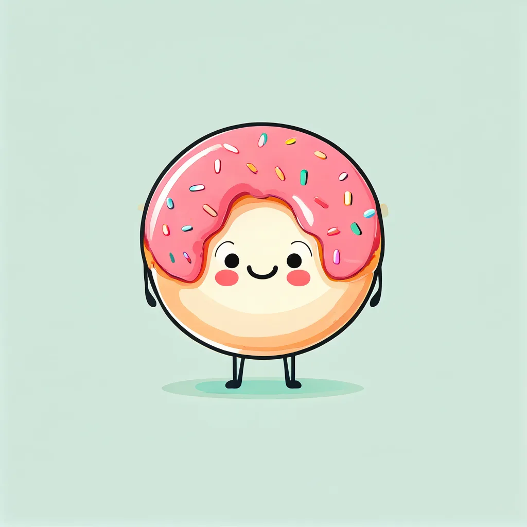 Cartoon illustration of a pink glazed donut character with sprinkles on a soft mint background (AI-generated)
