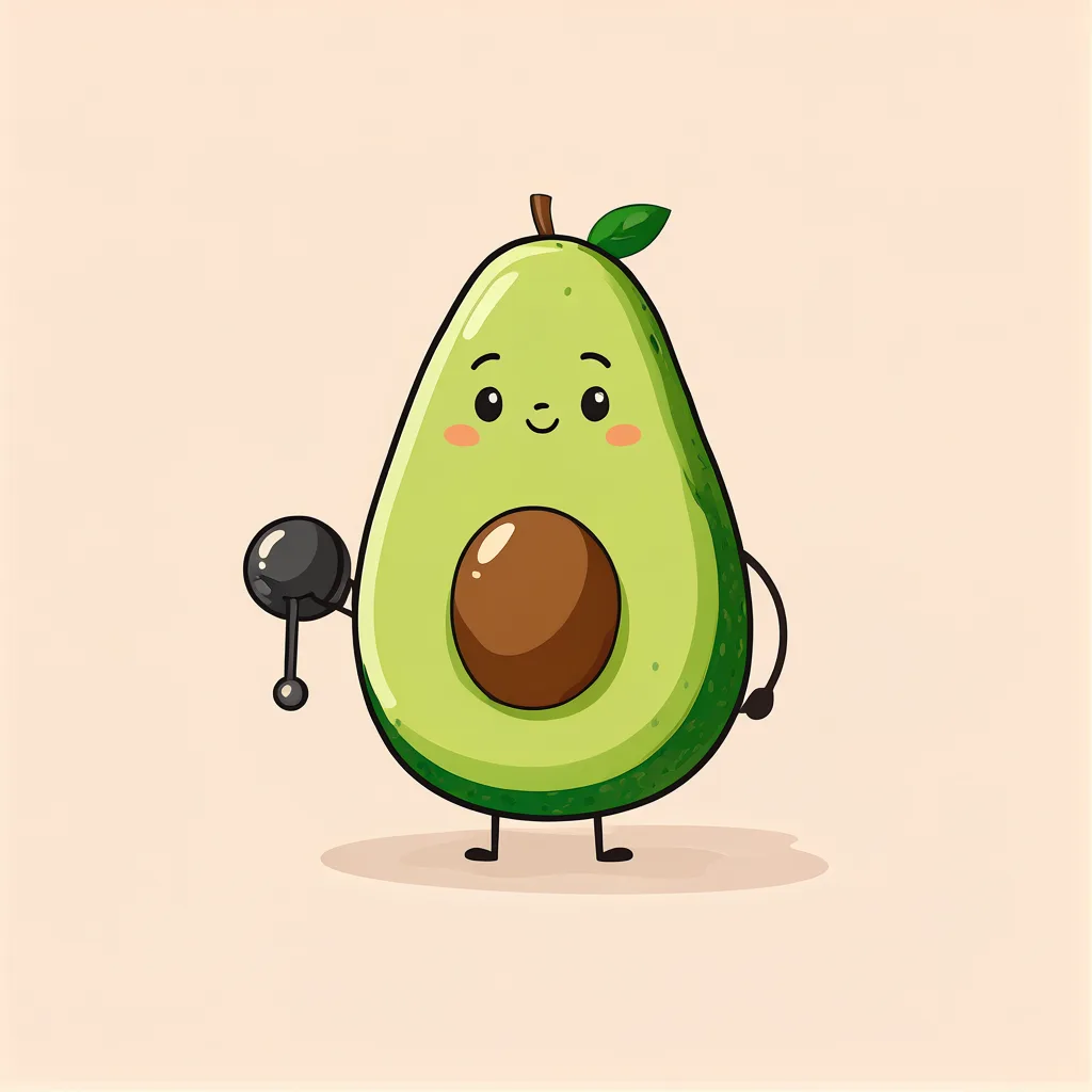 Cartoon illustration of an avocado character lifting a small weight on a pale peach background (AI-generated)