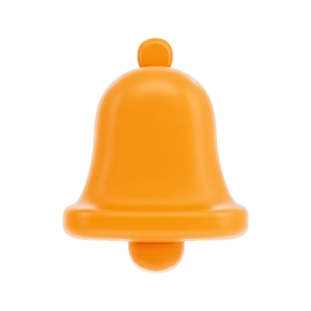3D clay icon of a clay notification bell in amber orange