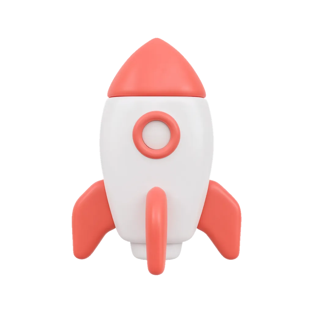 3D clay icon of a small clay rocket in coral and white