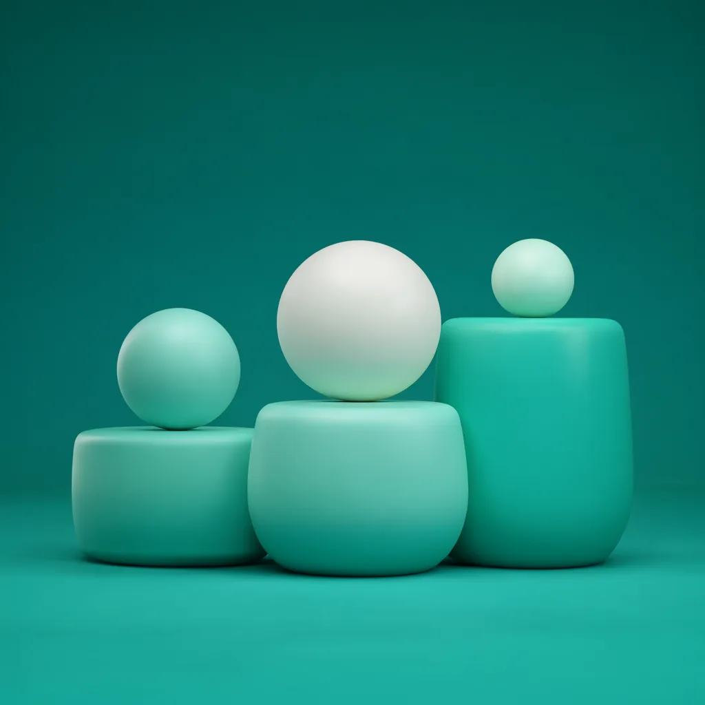 Pastel 3D render of three rounded podium blocks with soft spheres on a mint background