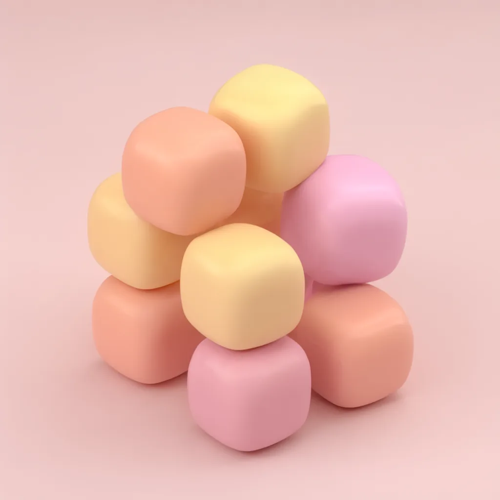 Pastel 3D render of five rounded cubes stacked loosely