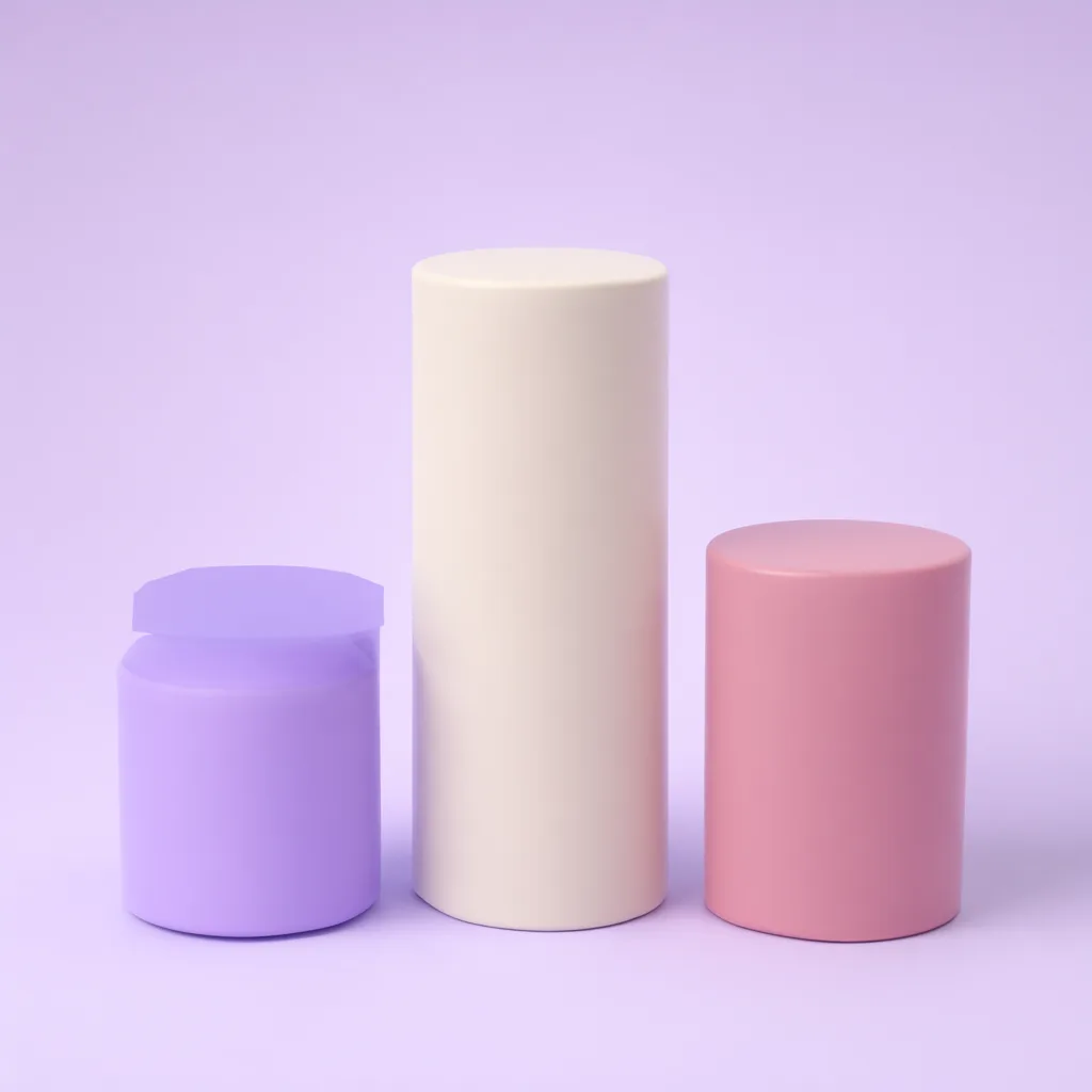 Pastel 3D render of three cylinders of different heights in a row