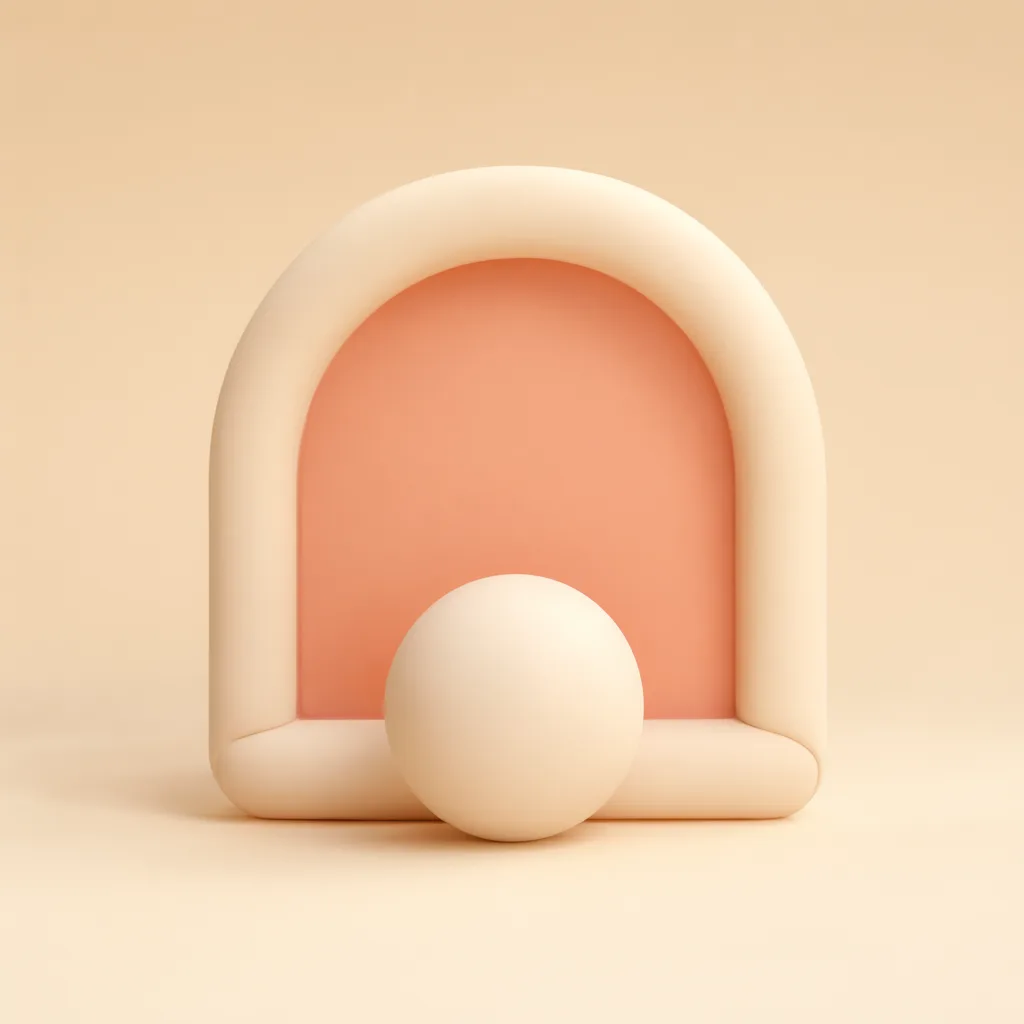 Pastel 3D render of a rounded arch with a sphere in front