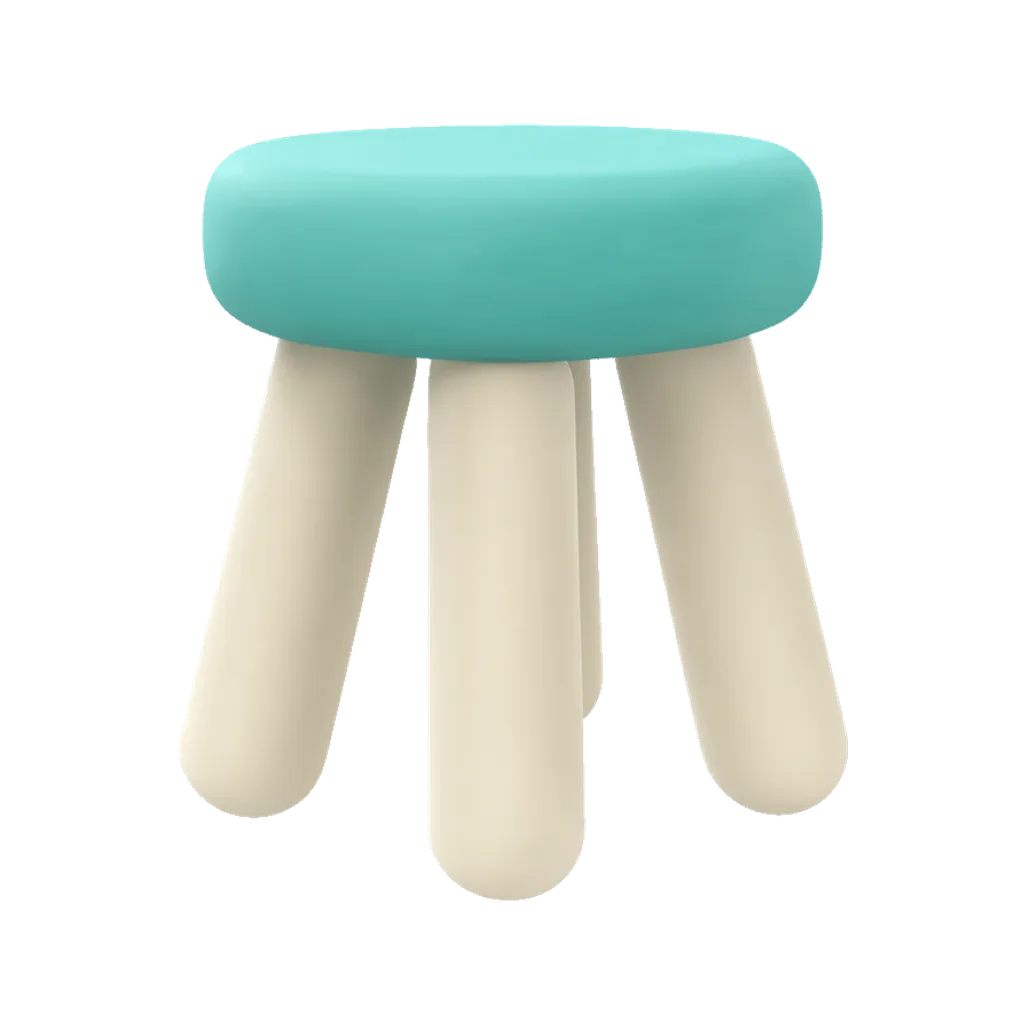 3D render of a round teal stool with three legs
