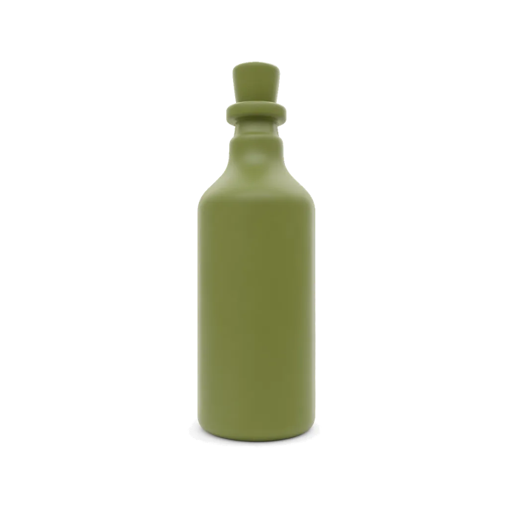 3D render of a tall olive bottle with a stopper