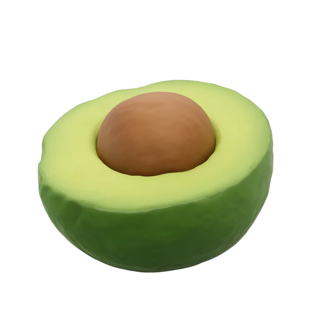 3D render of a halved avocado with a pit