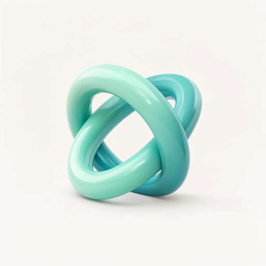3D abstract sculpture of three interlocking rings in mint and teal