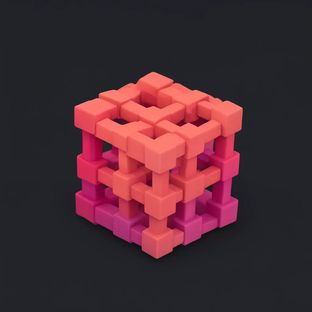 3D abstract sculpture of cube lattice in coral and magenta