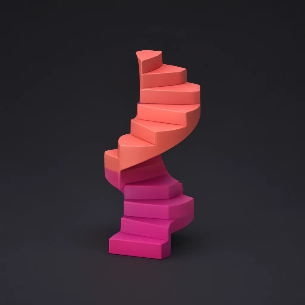 3D abstract sculpture of spiral stair form in coral and magenta